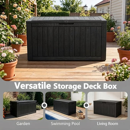 Outdoor Storage Box, 120 Gallon Resin Deck Boxes Outdoor Waterproof For Patio Furniture, Garden Tools, Pool Supplies, Lockable And UV Resistant (Striped Black)