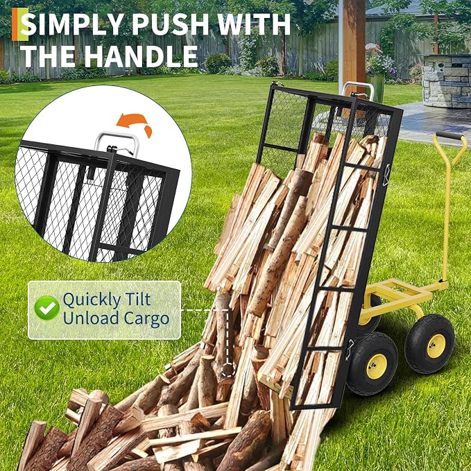 GarveeLife 900 LBS Garden Dump Cart with Removable Sidewalls, Heavy Duty Steel Dump Wagon with 180° Swivel Handle & 10 in Tires, Yard Cart Utility Wheelbarrow for Backyard Farm