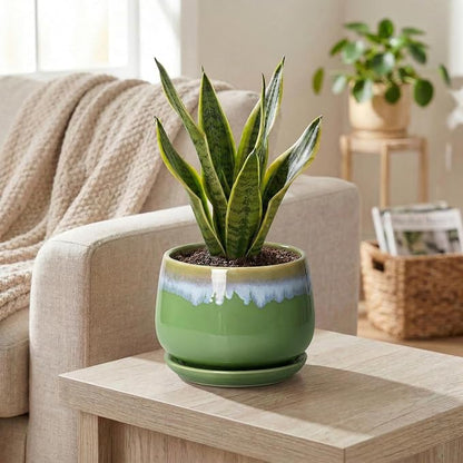 Ceramic Planter 6 Inch - Ceramic Pots for Plants with Drainage and Saucer, Decorative Small Succulent Pots for Indoor Plants, Round Plant Pot, House Decor, House Warming Gifts, Green-Blue