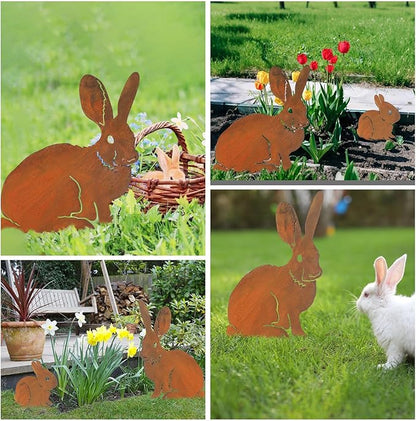 CroBlissful 2 Pack Mama and Baby Bunny Garden Stake, Metal Bunny Statue Realistic Long Ear Rabbit Animal Stake Pack Decorative Yard Stakes Garden Rabbit Statue Outdoor Flowerbed Outdoor Decor, Rust