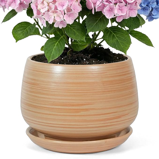 10.3 Inch Flower pots for Indoor Outdoor Plants with Saucer Drainage Leak-Proof Mesh, Ceramic Planter with Gardening Gloves for Succulent and Flower (Khaki Striated)
