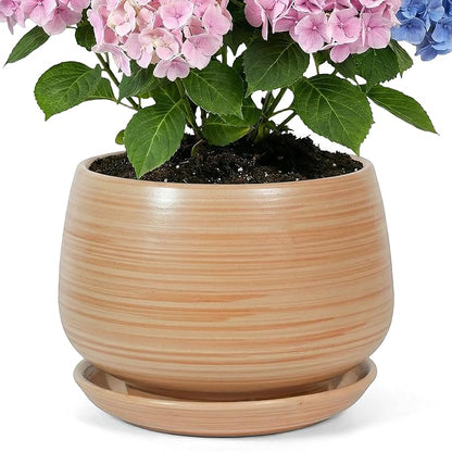 10.3 Inch Flower pots for Indoor Outdoor Plants with Saucer Drainage Leak-Proof Mesh, Ceramic Planter with Gardening Gloves for Succulent and Flower (Khaki Striated)