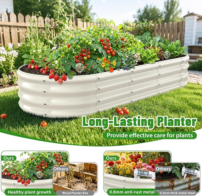 Oval Raised Garden Bed, 5 x 2 x 1FT, Galvanized Steel Planter Box with Wave-Shaped Metal Panels Painted for Outdoor Flower,Tree,Herb & Vegetable Garden (White, 60X24X12 inches)
