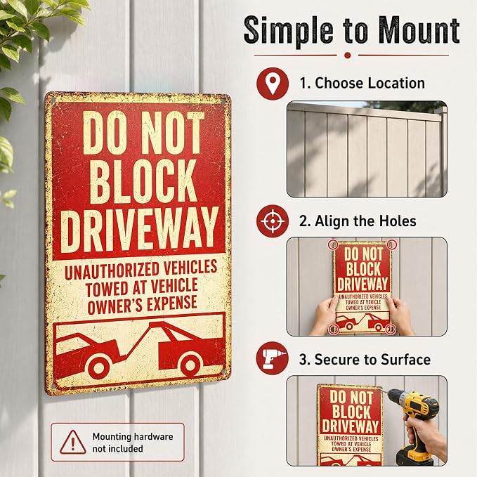 Do Not Block Driveway Tin Sign, 12 x 8 Inch Unauthorized Vehicles Aluminum Metal Wall Decor, Vintage Towing-Style Notice for Garage, Gate, Fence