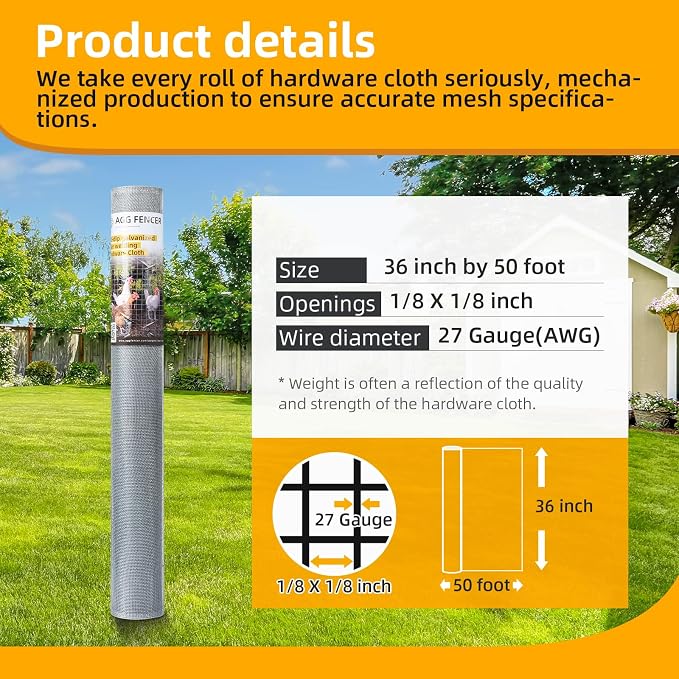 36in x 50ft Hardware Cloth 1/8 inch 27Ga Hot Dipped Galvanized After Welding, Chicken Coop Wire Fence, Welded Metal Fencing Roll Mesh for Bee Screen Garden Plant Poultry Animal Netting Cage