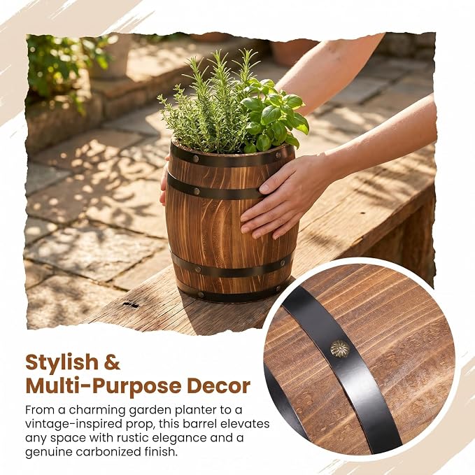 Barrel Decoration Wooden Planter Rustic Wine Barrel Prop 8.2 Inch Antique Style Beer for Home Patio Garden Decor