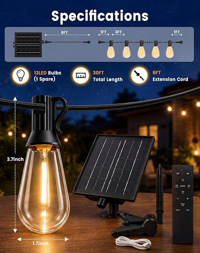 Solar String Lights Outdoor Waterproof, 30FT(24+6) 12 LED S14 Shatterproof Edison Bulbs, 2FT Spacing, 3 Modes, Dimmable, Timer, USB Solar Powered Hanging Patio Lights for Outside, Backyard