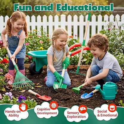 CUTE STONE Kids Gardening Tools Set - 9PCS Toddler Garden Toy with Kids Wheelbarrow, Kids Shovel and Rake Set for Backyard Garden Play, Indoor & Outdoor Gift for Boys Girls Ages 3-5