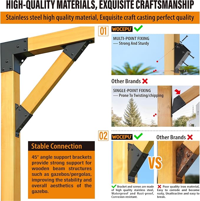 2pack 2x4 (Actual 1.5''x3.5'') Degree Angle Support Brackets, For Pergola, Gazebo, Deck Wood Frame Structures Provide Support 45° Degree Angle Bracket