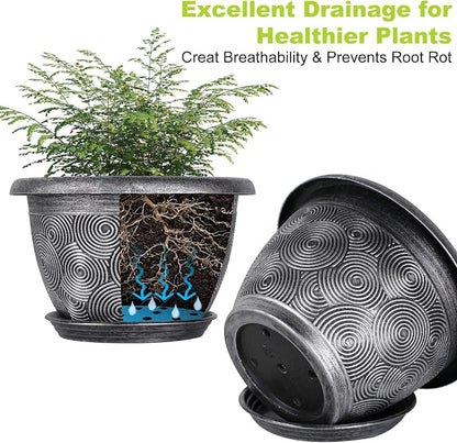 8-Inch-Plastic -Pots-for -Plant with Saucer, 4 Pack Outdoor Planters with Drainage Holes, Decorative Flower Pots for Indoor Plants, Modern 3D Swirl Silver Plant Pots with with Removable Tray
