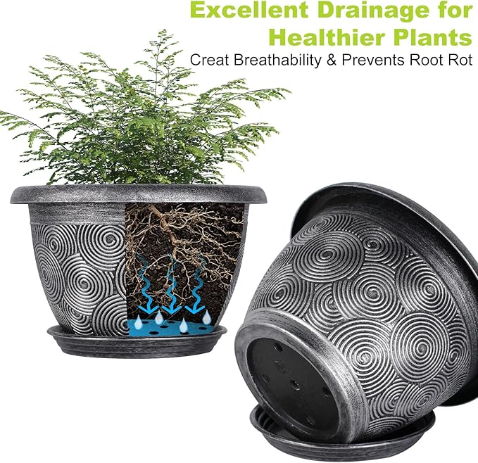 14-Inch -Plastic-Pots -For-Plant With Saucer, 4 Pack Outdoor Planters With Drainage Holes, Decorative Flower Pots For Indoor Plants, Modern 3D Swirl Silver Large Plant Pots With With Removable Tray