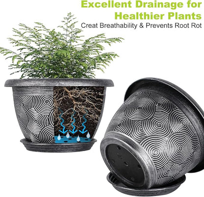 14-Inch -Plastic-Pots -For-Plant With Saucer, 4 Pack Outdoor Planters With Drainage Holes, Decorative Flower Pots For Indoor Plants, Modern 3D Swirl Silver Large Plant Pots With With Removable Tray