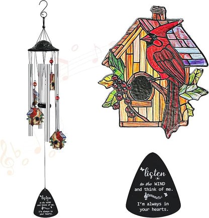 YU FENG Cardinal Memorial Wind Chime, Birdhouse Crystal Suncatcher | 34 Inch Metal Wind Chime, Cardinal Bird Design, Sympathy Gift For Loss Of Loved One, Outdoor Garden Yard Decor