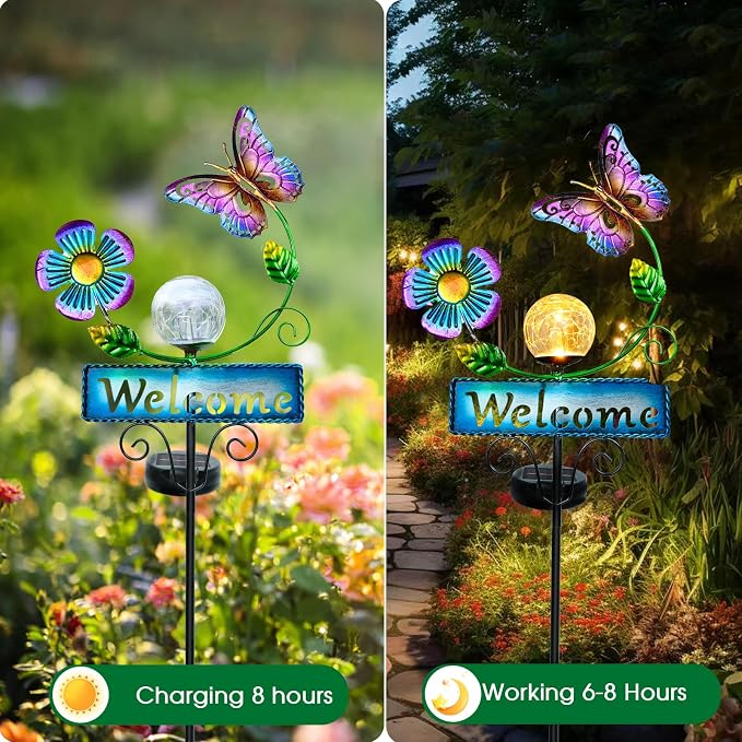 Butterfly Garden Decorations for Outside, Solar Waterproof Stake Lights with Welcome Sign for Yard Lawn Patio Pathway, Warm Gifts for Mom Grandma Housewarming (Butterfly)