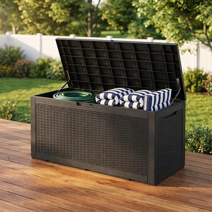 100 Gallon Deck Box, Waterproof Resin Rattan Outdoor Storage Box Lockable for Patio Furniture, Fade Resistant Patio Side Table & Organizer for Garden Tools, Pool Float, Outdoor Cushions, Black