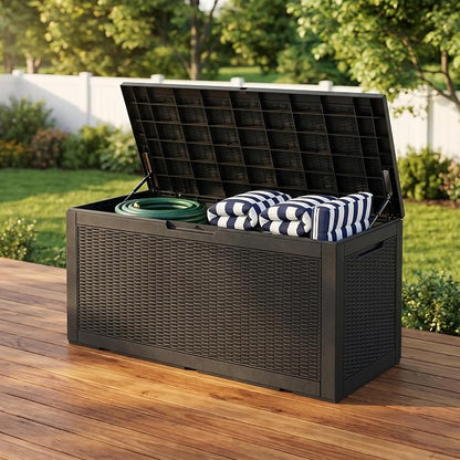 100 Gallon Deck Box, Waterproof Resin Rattan Outdoor Storage Box Lockable for Patio Furniture, Fade Resistant Patio Side Table & Organizer for Garden Tools, Pool Float, Outdoor Cushions, Black