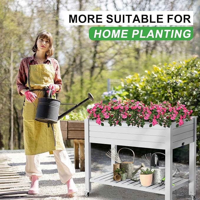 PatioZen Raised Garden Bed, 33.66" Tall Self-Watering Resin Planter Box with Legs & Lockable Wheels Drainage Plug and Gauge for Flowers, Vegetables, Storage Shelf for Tools and Accessories Ashen
