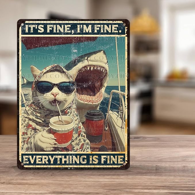 Vintage Cat Tin Sign It's Fine I'm Fine Everything Is Fine Retro Shark Wall Decor Nostalgic Art Funny Animals Metal Poster Indoor Store Cafe Bar Office Man Cave Pubs Man Cave Shop 16 * 12inch