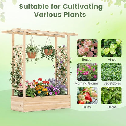 Giantex Wooden Raised Garden Bed with Trellis & Hanging Roof, 2 Pack Fir Wood Planter Box, 45" Freestanding Elevated Garden Bed for Outdoor Climbing Plants Vegetables Flowers, Patio & Balcony, Natural