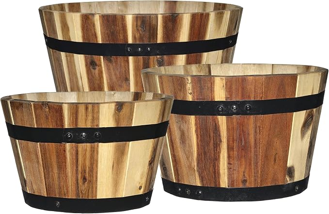 5/800/3 Wood Barrel Set of 3 Planters, Acacia