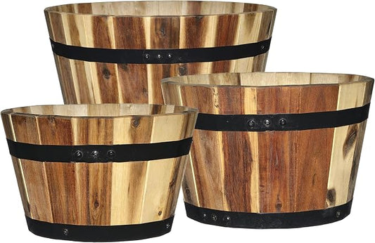 5/800/3 Wood Barrel Set of 3 Planters, Acacia