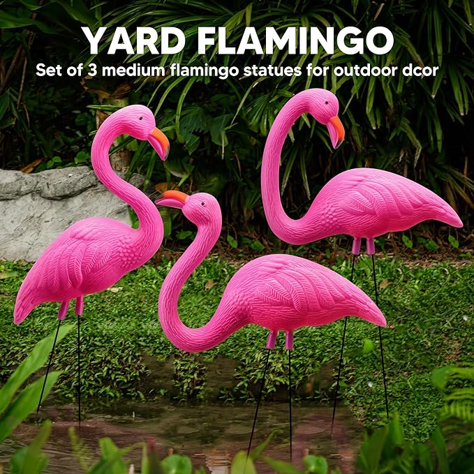 JOYIN 3 Pack Large Pink Flamingo Yard Decorations, Medium Plastic Lawn Flamingo Ornament Stakes with Rubber Coating Metal Legs for Yard, Garden, Luau Party Gift (11in x 20in)