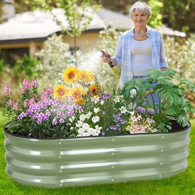 Galvanized Raised Garden Bed - 4×2×1ft (2 Packs) Planter Raised Beds for Gardening | Oval Metal Garden Planter Box with Safety Edging and Gloves for Vegetables Fruits and Flower OliveGreen