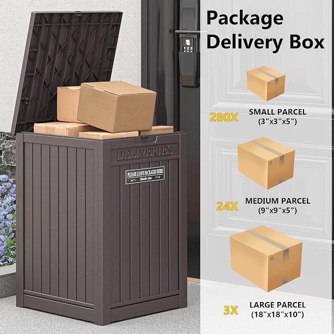 LHBGO Package Delivery Box for Outside with Sticker, 48 Gallon Storage with Lockable Secure, Large Double Wall Resin Outdoor Package Delivery Waterproof Deck