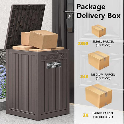 LHBGO Package Delivery Box for Outside with Sticker, 48 Gallon Storage with Lockable Secure, Large Double Wall Resin Outdoor Package Delivery Waterproof Deck