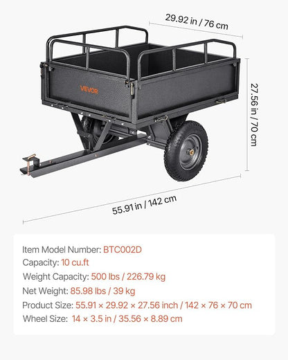 VEVOR 10 Cu.Ft. & 500lbs ATV Trailer Dump Cart Tow Behind, Heavy Duty Utility UTV Trailer, Tow Behind Steel Yard Dump Wagon Cart with 14" Tires for Lawn Mower Tractor