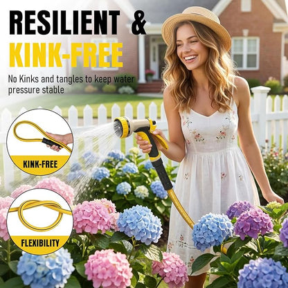 Garden Hose 50 ft x 5/8" with Nozzle, Water Hose Heavy Duty Flexible, Lightweight Kink-less Hybrid Hose with Swivel Handle, Male to Female Fittings