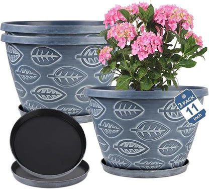 Nooulap Outdoor Flower Pots for Plants Set of 3 Pack 11 Inch Planter Pot, Large Plastic Plant Pots Indoor Plants with Drainage Holes & Trays, Modern Decorative Garden Containers Sets for House(Blue)