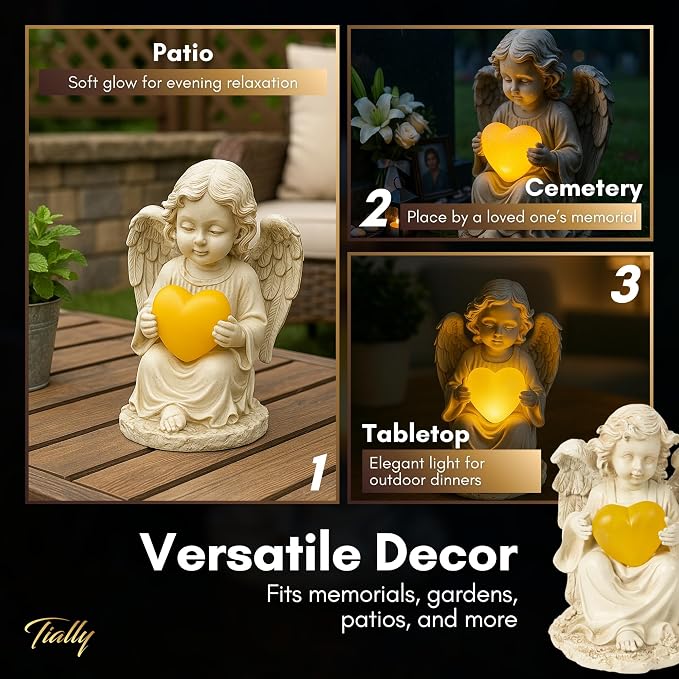 TIALLY Solar Garden Angel Statue – Praying Guardian Angel Statue Light for Outdoor Yard Decor, White Resin Garden Sculpture with Soft Glow for Angels Memorial or Cemetery Use