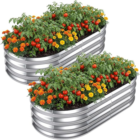SnugNiture Galvanized Raised Garden Bed Outdoor, 2 Pcs 4x2x1ft Oval Metal Planter Box for Planting Plants Vegetables, Silver