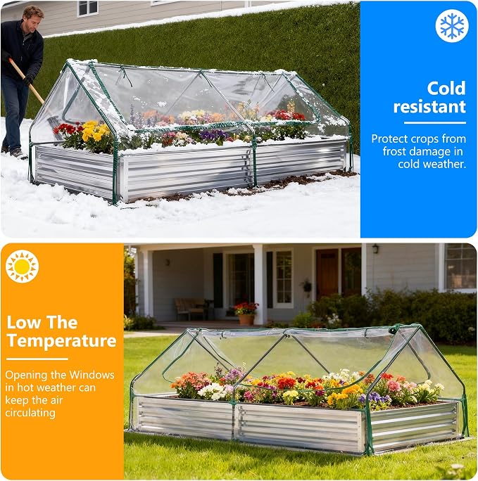 DUMOS Galvanized Raised Garden Bed with Cover, 8x4x1ft Metal Planter Box Outdoor for Deep-Rooted Vegetables Flowers Herbs, Garden Bed Mini Greenhouse for Patio Balcony Backyard, Open Bottom, Clear
