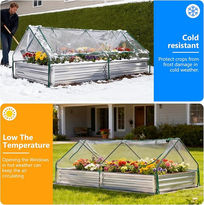 DUMOS Galvanized Raised Garden Bed with Cover, 8x4x1ft Metal Planter Box Outdoor for Deep-Rooted Vegetables Flowers Herbs, Garden Bed Mini Greenhouse for Patio Balcony Backyard, Open Bottom, Clear