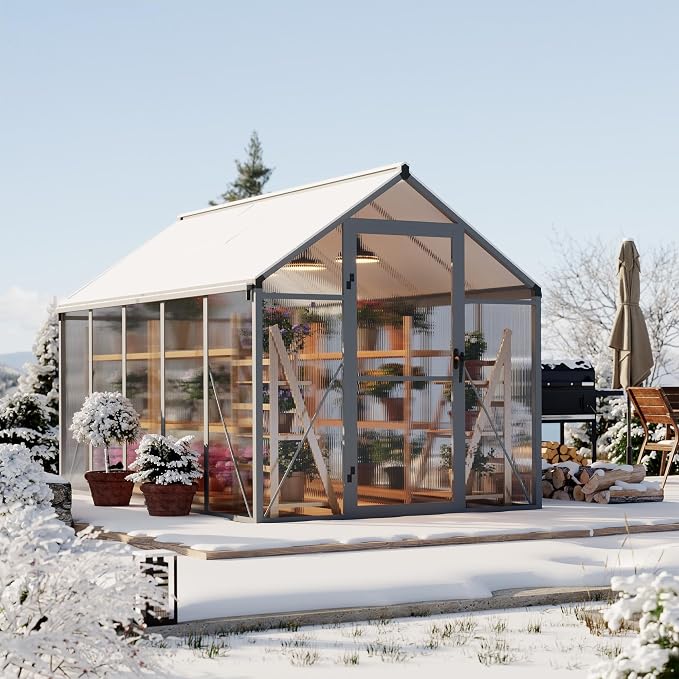 Garvee 6x10ft Walk-in Greenhouse, Heavy Duty Large Outdoor Green House | Polycarbonate Garden Greenhouse with Roof Vent, Lockable Outward-Opening Swing Door & Aluminium Frame for Backyard, Grey