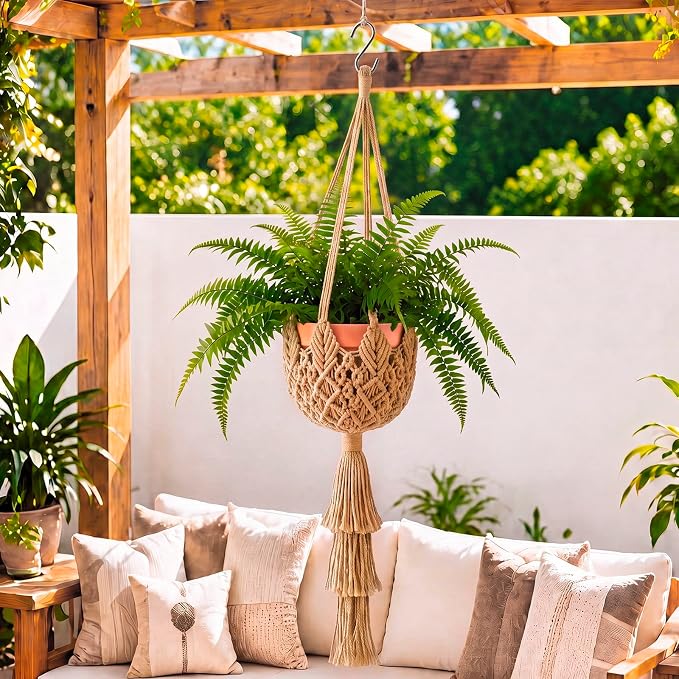 Shappy 1 Pack Boho Macrame Plant Hanger, Large Hanging Planter Plant Holder Pot Hanger Hanging Basket Wall Planters, Plants Lover Gift for Indoor Garden (Twist Braid,Jute Color)