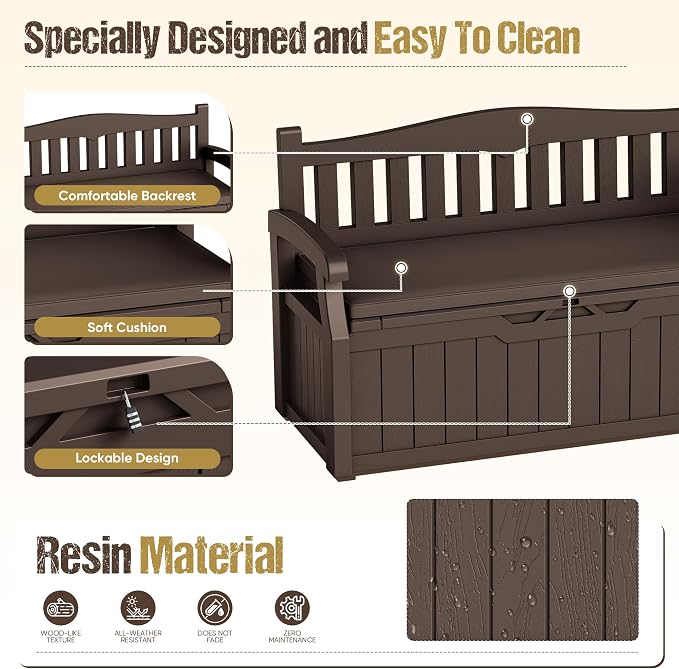 80-Gallon Outdoor Storage Bench with Cushion, Lockable Waterproof Deck Box with Armrests for Patio, Garden, Pool, Brown