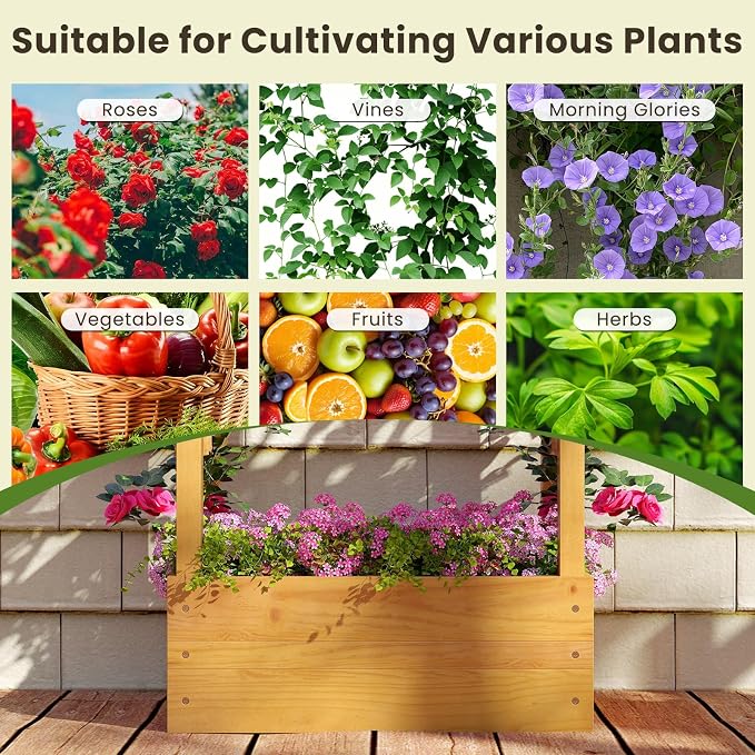 S AFSTAR Wooden Raised Garden Bed with Trellis, 60" Elevated Planter Box with Hanging Roof & Open-Ended Base for Climbing Vine Flower Herb Vegetable, Outdoor Plant Container for Patio & Yard
