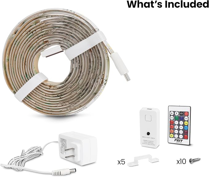 Feit Electric 10ft Chasing & Tunable White LED Tape Light, Dimmable, RGB Colors, Cut-to-Fit, Linkable up to 40ft, Slim 0.4in Width, Indoor/Outdoor Plug-In Light Strip, Remote Controlled, TAPE120/CHASE