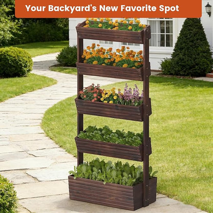 GHWIE Wooden Garden Planter Box, Raised Bed with Vertical Plant Rack, Indoor Outdoor Flower Herb Vegetable Stand (Carbonized, 5 Tier)