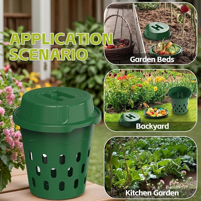 4-Pack Inground Worm Composter, Outdoor Worm Compost Bin for Garden Beds & Home Use, Vermicomposting Bin for Beginners (9.5x9.5x10.8Inch), Green