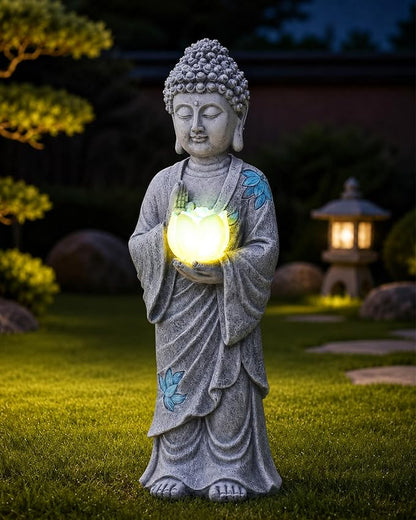 Nacome Solar Buddha Garden Statue Decor: Standing Resin Figurine with Lotus Flower Light Zen Sculpture for Patio Lawn Yard Porch Balcony Meditation Space - 11 inches(Gray)