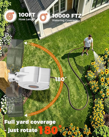 5/8 in 100ft Retractable Garden Hose Reel with Any-Length Lock Slow Auto Rewind Heavy Duty Water Hose Reel With 9-Pattern Nozzle 180° Swivel Bracket UV Resistant Wall Mounted Hose Reel for Outside