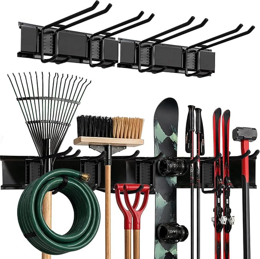 TIDYME Garage Wall Organizer | 32" Heavy-Duty Tool Storage Rack | Adjustable Double-Layer Hooks | 200 lbs Capacity | Carbon Steel Wall Mount Holder for Shovels, Rakes, Ladders & Power Tools