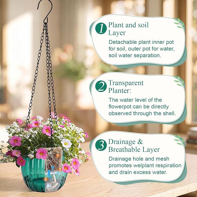 10 Pack 6.5 Inches Self Watering Hanging Planters for Indoor Outdoor Plants Bulk with Metal Hanging Chain and Hook, Self Watering Hangings Pots for Garden Home (Green)