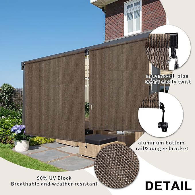 KANAGAWA Outdoor Roller Shade 6'X8' Mocha Exterior Cordless Patio Roll Up Shades for Outside Pergola Porch, Outdoor Blinds for Patio
