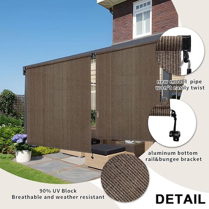 KANAGAWA Outdoor Roller Shade 7' W X 8' H, 220GSM HDPE Breathable Sun Shades Outdoor Patio, Crank Roll Up Window Shades for Porch Pergola Balcony, Mocha