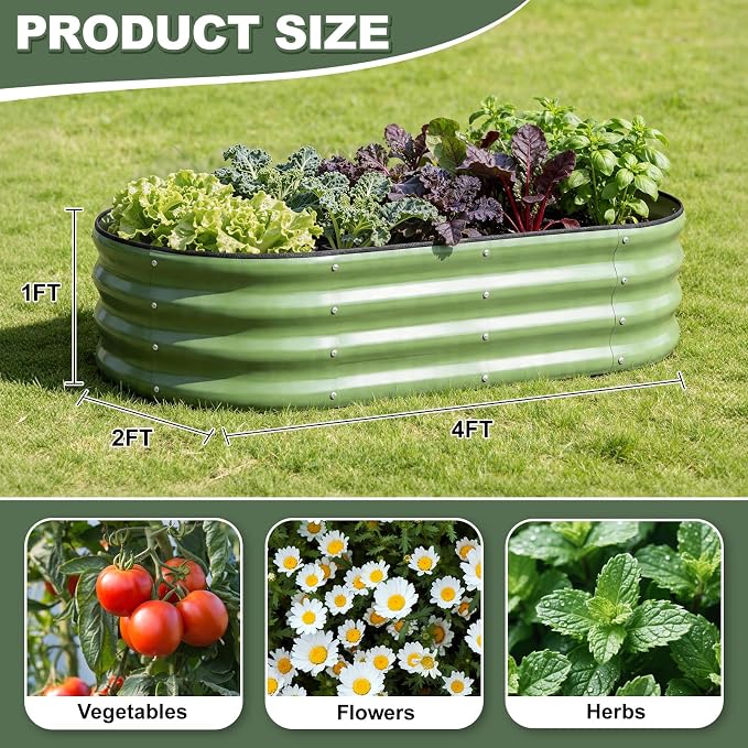 Galvanized Raised Garden Bed- Planter Garden Boxes Outdoor, Raised Beds for Gardening, 4x2x1ft Metal Garden Bed Kit for Vegetables Flower, Planter Raised Bed with Protective Tape & Tools.Green-4pack